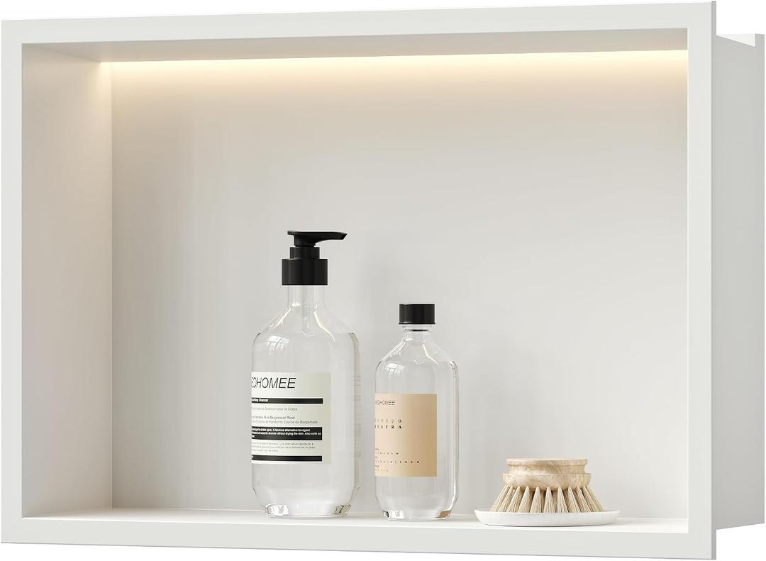 Neodrain LED Shower Niche 18X12Inch White Wall Niche with 3000K Light, Stainless Steel Shower Niche NO Tile Needed Cabinet for Shower Wall, Bathroom Storage with LED Strip