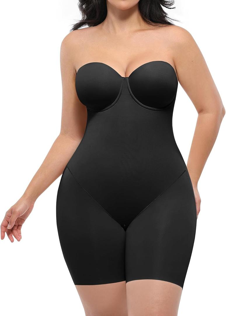 SHAPELLX Shapewear for Women Strapless Bodysuits Tummy Control Body Shaper Butt Lifting Shapewear with Removable Straps (Black), L