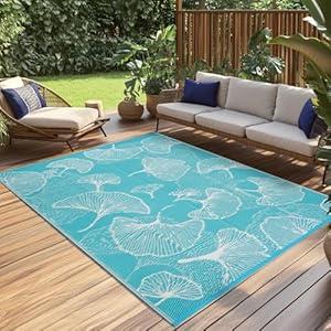 Pcinfuns Plastic Straw Rug,9'x12' Outdoor Waterproof Patio Rugs Foldable Reversible Camping Mat for Rv, Deck, Porch, Picnic, Beach, Balcony, Aqua Blue & White