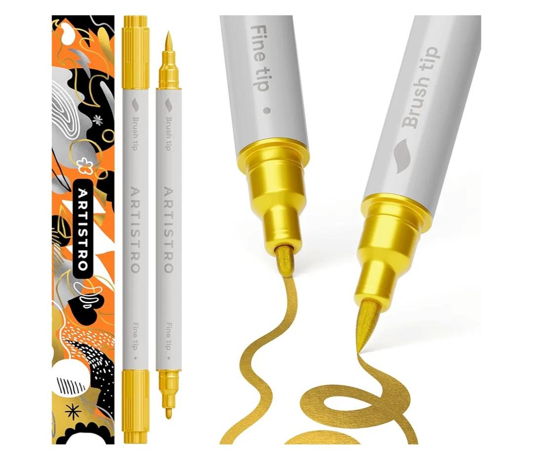 ARTISTRO 2 Gold Dual-Tip Acrylic Paint Pens - Multisurface Markers for Glass, Rock, Fabric, Wood, Plastic & More - 1 mm Fine & Brush Tips