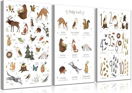 VOIKRTJX Alphabet Numbers Wall Art Nursery Animal Alphabet Canvas Wall Decor Forest Animal ABC Educational Painting Kids Playroom Prints Positive Quotes Painting for Boys Girls Classroom 16x24