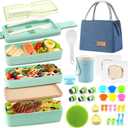 35Pcs Japanese Bento Box for Adults & Kids Lunch Box Kit Leakproof Wheat Straw Eco-Friendly 3 Compartment Stackable Lunch Box with Containers for Teen Preppy Boy (Green)