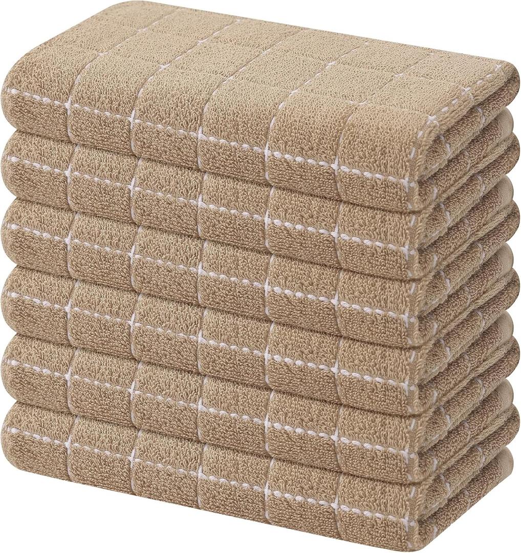 100% Cotton Terry Cloth Kitchen Towels, Super Soft and Absorbent Dish Towels for Drying, Checkered Designed Hand Towels for Kitchen, 16 x 26 Inches, 6 Pack, Tan