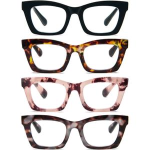 REAVEE 4 Pack Oprah Style Reading Glasses Blue Light Blocking Computer Square Readers for Women with Spring Hinge 1.25