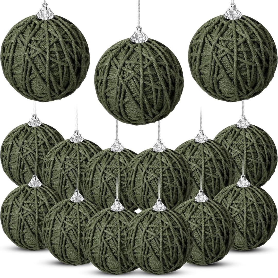 Jenaai 15 Pcs Neutral Christmas Ornaments Balls Bulk 3.15 Inch Yarn Rustic Farmhouse Christmas Tree Ball Ornament Boho Handmade Xmas Hanging Decoration for Tree Party Holiday Decoration(Green)