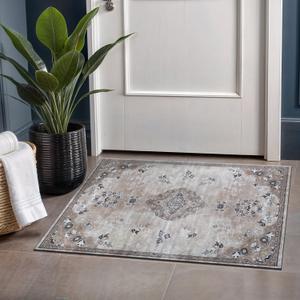 Beverly Rug Non Slip Rugs 2x3 Boho Medallion Floral Non Skid Rubber Backing Easy Silk Soft Entryway Rug for Living Room Easy to Clean Non Shedding Kitchen Bedroom Indoor Carpet (2 x 3 Beige - Brown)