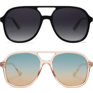 Retro Polarized Aviator Sunglasses Womens Men Vintage Double Bridge Square Sun Glasses AP3606 (P6 Black/Grey & Brown/Green)