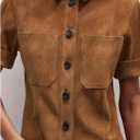 Women's Suede Short Sleeve Lapel Single Shirt Classic Button - Down with Chest Pockets jacket