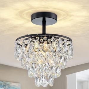 Mini Crystal Chandelier Modern Crysal Flush Mount Ceiling Light for Bedroom Closet Hallway with E26 Base Small Pendant Light (Black-Ceiling)