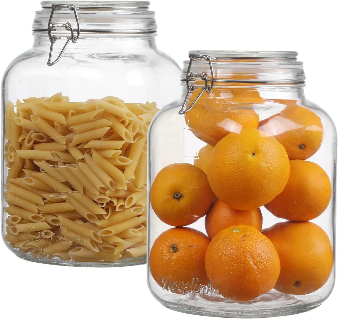 novelinks 2 Pack 1 Gallon Square Super Wide Mouth Glass Storage Jars with Airtight Glass Lids, Mason Jars with Stainless Steel Handle, Clear Glass Storage Container for Fermenting, Pickling, Canning