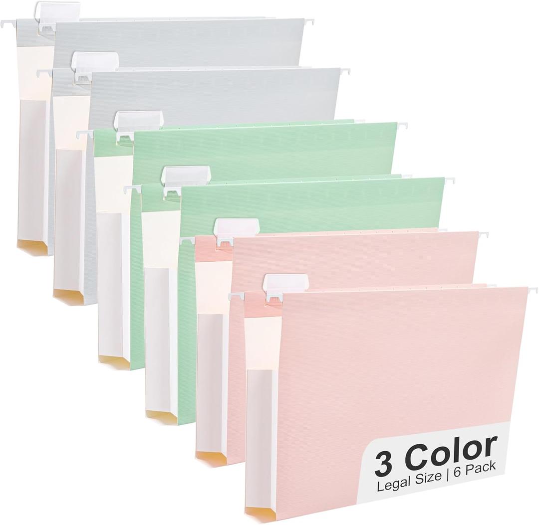 Y YOMA Legal Size - Pack of 6 Extra Capacity Hanging File Folders Accordion Decorative Reinforced File Folder Cute Colored Expandable Folder for Office Home with 1/5-Cut Adjustable Tabs, Pastel Color