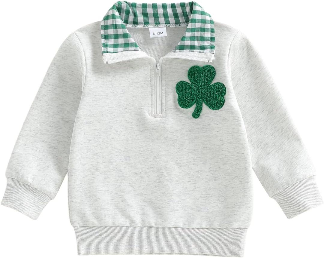 Toddler Boy Girl Christmas Outfit Quarter Zip Sweatshirt with Plaid Collar Shirt Pullover Top (3-4T, C1 Green Shamrock)
