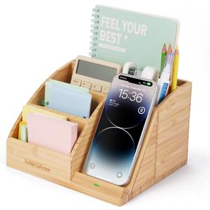 Bamboo Pen Holder for Desk & Nightstand Organizer with Fast Wireless Charging for iPhone, Samsung & More  Office Desk Accessories for Men/Women (Natural)
