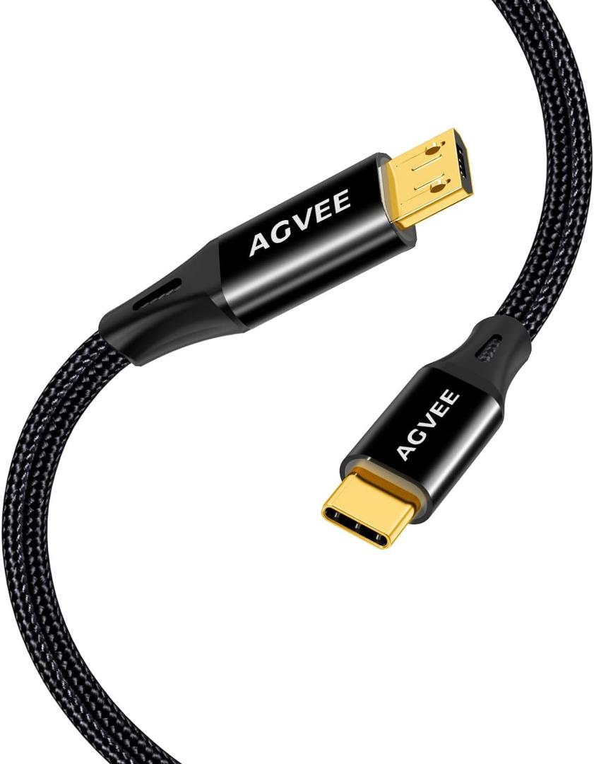 AGVEE 2 Pack 10ft USB-C to Micro USB Cable, Gold Plated End Tips, Braided Charger Data Sync Cord Charging Adapter for Micro USB Devices, PS4, Kindle, Android Phone, Black