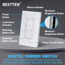 BESTTEN 5 Pack Super Slim Digital Dimmer Light Switch with Screwless Wallplate, Single Pole or 3 Way Dimmer with Air Gap Power Cut Off Switch, 3 Button Control, ETL Listed, White