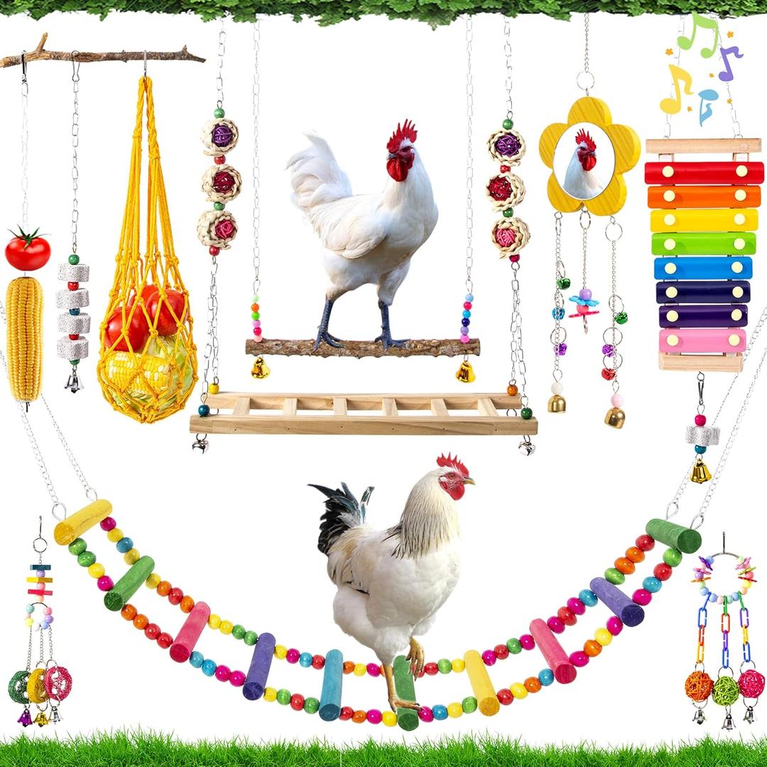 11 Pack Chicken Toys for Coop Accessories - Chicken Xylophone Toy, Chicken Mirror, Chicken Ladder Bridge, Coop Swing, Vegetable Hanging Chicken Feeder, Chewing Foraging Toys, Gifts for Hens