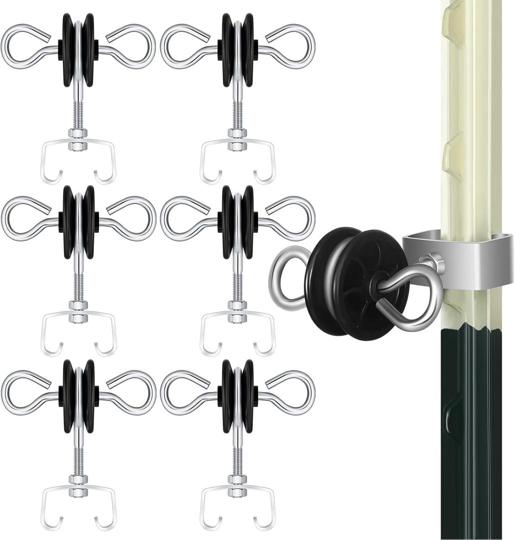Gisafai 6 Pcs Electric Fence Gate Handles T Post Gate Handle Anchors Double Hook 2 Rings Steel Insulators with Easy Screws for Wire Electric Fence Wood Post Agricultural and Ranchers, Black