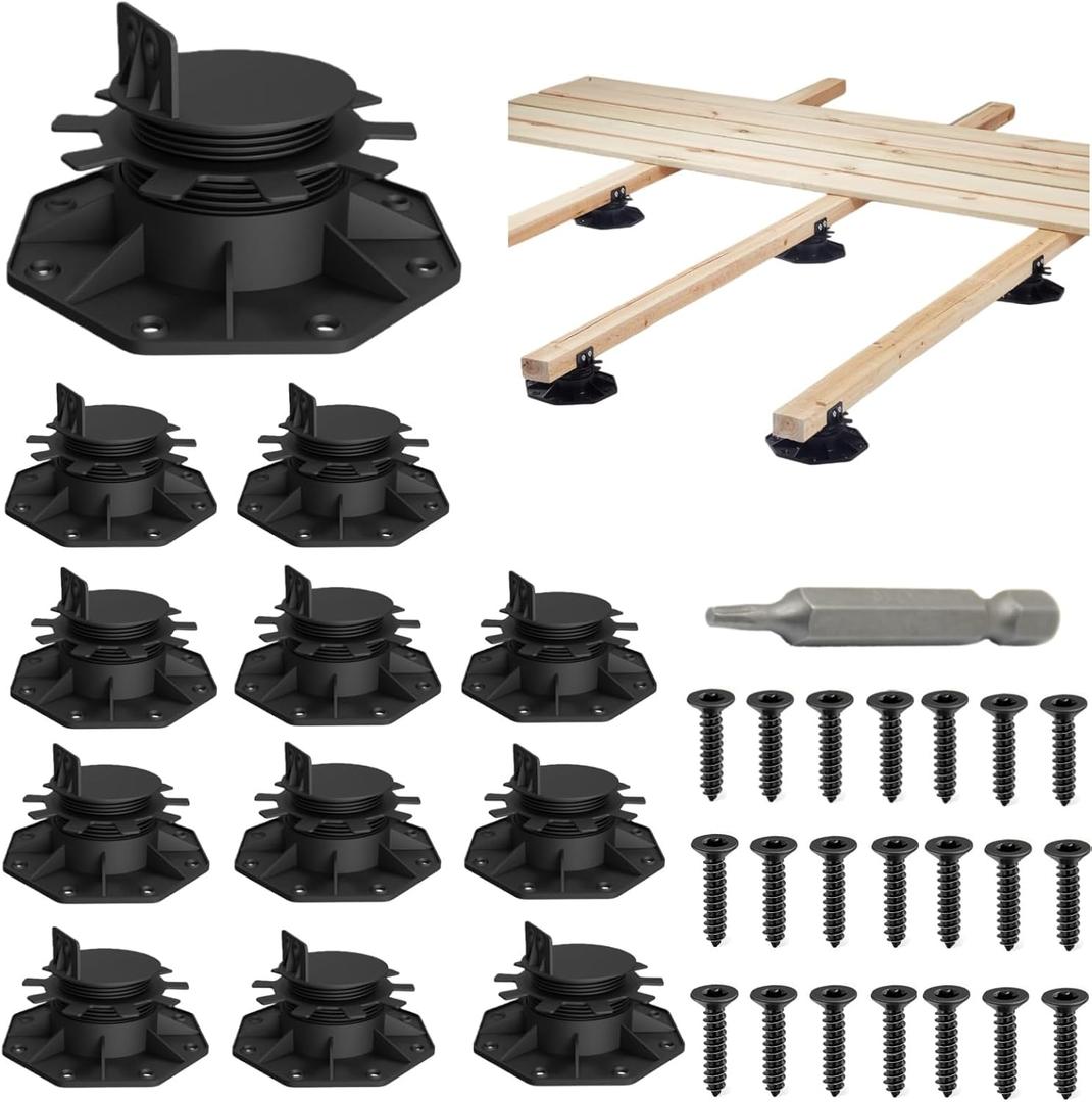 Deckit 12-Pack Adjustable Deck Support Pedestals, 1.18"2.36" (3060 mm), for 24 & 26 Joist Framing, Ground Support & Leveling for Patio, Shed Base & Floating Deck Includes Screws