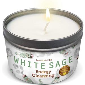 Magnificent 101 Long Lasting White Sage Scented Smudge Candle | 6 Oz - 35 Hour Burn | Soy Wax Candle for House Energy Cleansing Purification, Chakra Healing & Manifestation