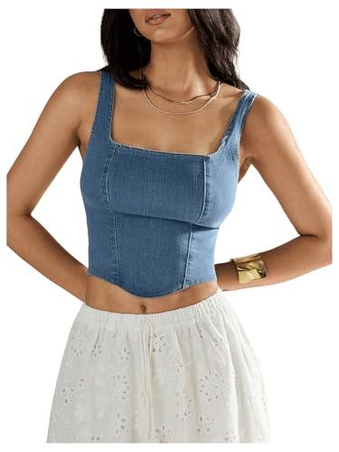 SHENHE Women's Denim Tank Top Sleeveless Square Neck Backless Slim Fit Y2k Crop Top Blue Small