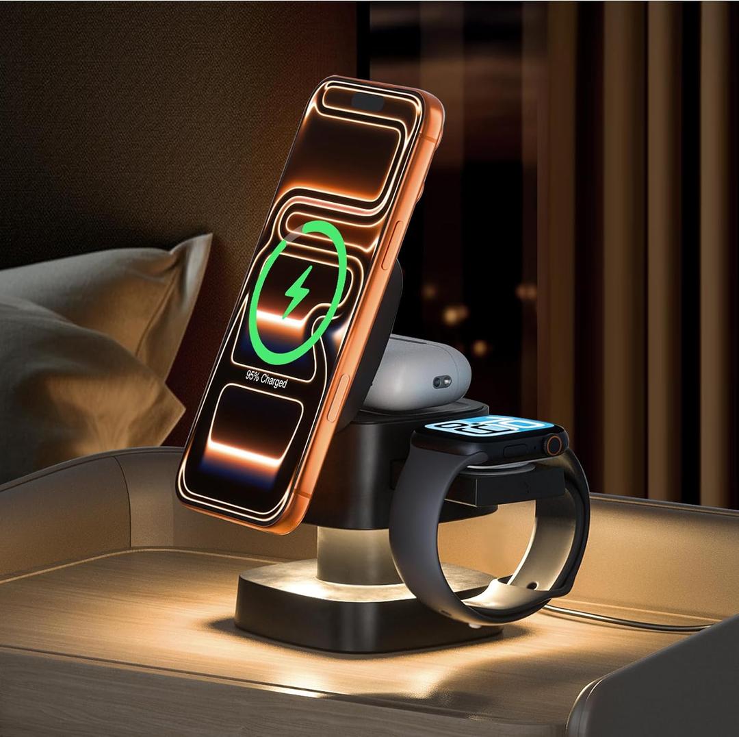 2026 Upgraded4 in 1 Wireless Charger, 3 in 1 Wireless Charging Station with Night Light for MagSafe Charger, 15W Magnetic Travel Stand for iPhone17/Air/Pro/Max/16/15/14, Apple Watch, Airpods (Black)