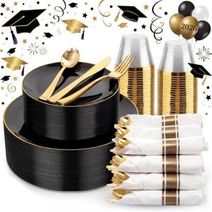 KIRE 175Pcs Black Plates Disposable - Heavy Duty Black and Gold Plastic Plates- 25 for Dinner 25 for Dessert 25 Pre Rolled Gold Silverware and 25 Cups for Graduation/Birthday Party/Wedding