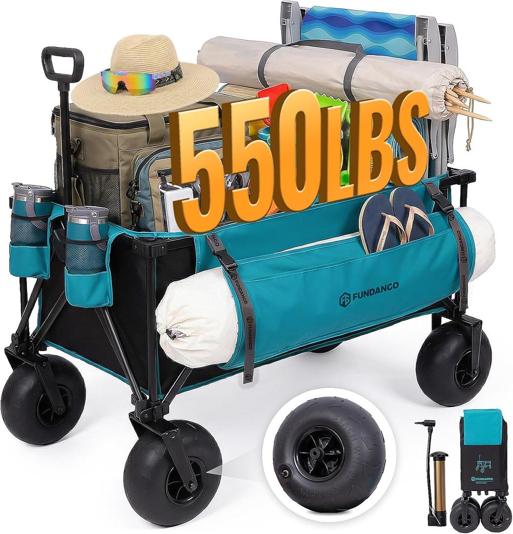 FUNDANGO 300L Large Beach Wagon with Big Wheels for Sand, 550lbs Heavy Duty Beach Wagons with Balloon Wheel, Folding Collapsible All Terrian Cart with Side Pockets for Sports, Camping, Pump Included
