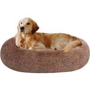 Coohom Oval Calming Donut Cuddler Dog Bed,Shag Faux Fur Cat Bed Washable Round Pillow Pet Bed(30"/36"/43'') for Small Medium Dogs (XL(36"x27"x7"), Camel)