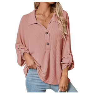 Astylish Women's Casual Blouses Button Down Business Batwing Tops Long Sleeve V Neck Ribbed Shirts 2025 Fall Outfit Size L