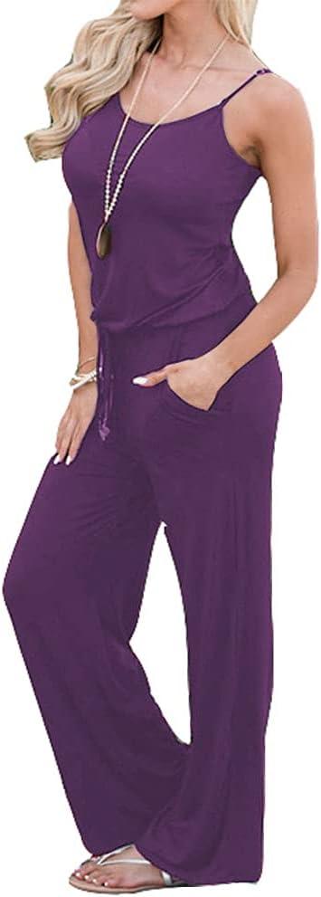 Artfish Women Casual Sleeveless Spaghetti Strap Striped Lounge Pajama Jumpsuit, L