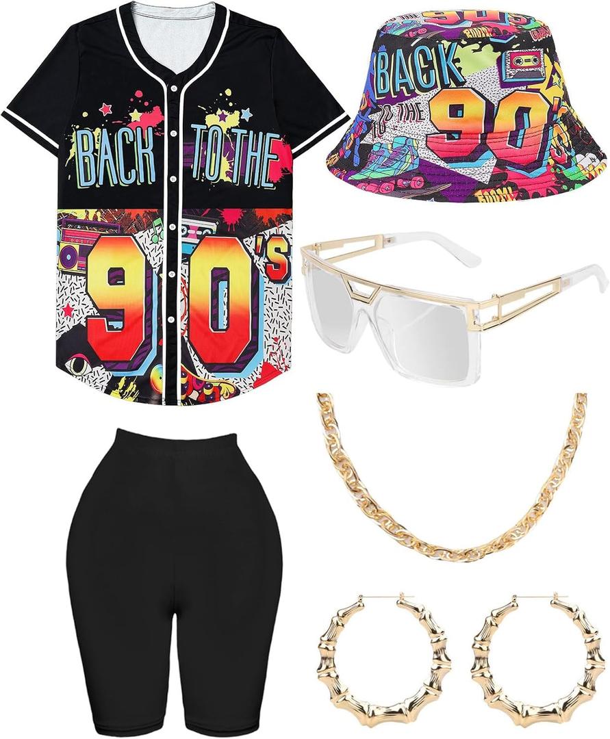80s 90s Outfit for Women, Unisex Hip Hop Costume Baseball Jersey Shirt Yoga Pants Bucket Hat Gold Chain Rapper Accessories Large, Black (Pattern Hat-2)