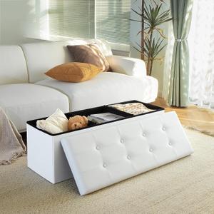 Camabel 43 Inch Folding Storage Ottoman Bench 120L Hold up 700lbs Ottoman with Storage Chest Foam Seat Padded Foot Rest Stool Faux Leather Bedroom Bench Coffee Table White, 15"D x 43"W x 15"H