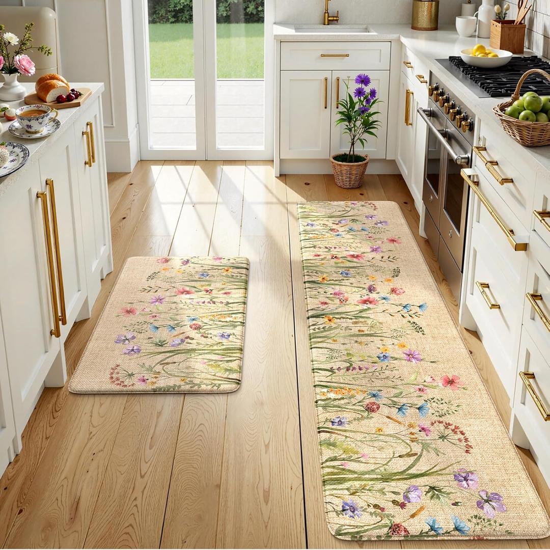 KIMODE Kitchen Anti Fatigue Mats, Farmhouse Flower Kitchen Rugs Sets of 2, Memory Foam Kitchen Mats for Floor, Waterproof Non Skid Standing Mats for Sink Laundry Office Desk Brown 20"x71"+20"x32"