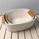 Set of 2 Braided Cotton Rope Storage Baskets, Bathroom Vanity Organizer, Rectangular Wicker Basket with Leather Handle, Decorative Stackable Baskets for Toys