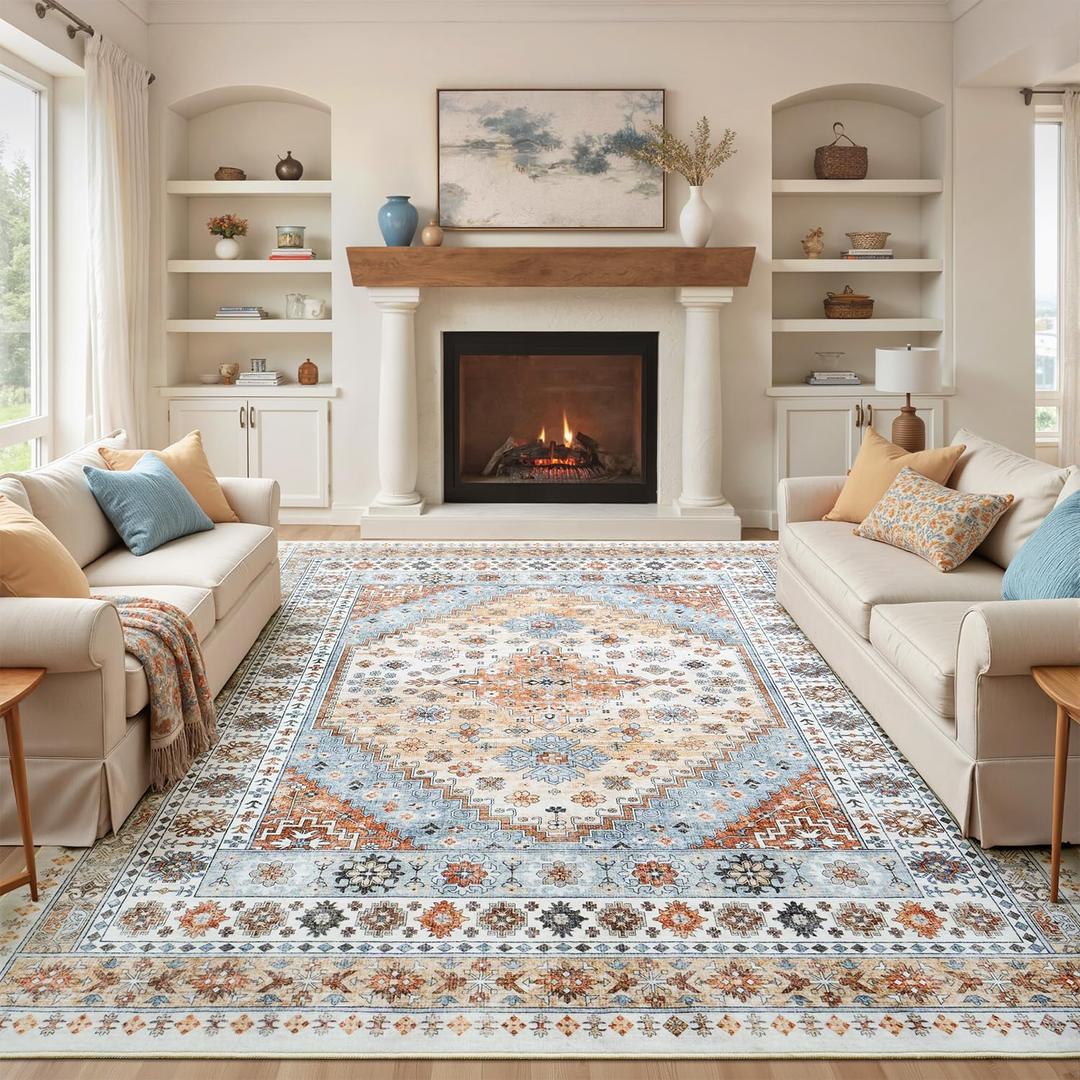 Carpelux 8x10 Area Rugs for Living Room, Washable Large Area Rug, Vintage Carpet, Non Slip Backing & Stain Resistant Carpets for Bedroom Dining Indoor Nursery Home, Orange/Light Blue