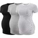 Liu & Qu Womens Maternity Shirts Ribbed Short Sleeve Maternity Tops Casual Crew Neck Side Ruched Pregnancy Clothes 3 Pack, S
