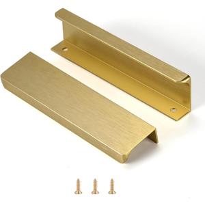 Satanga Edge Finger Tab Pull for cabinets Kitchen Concealed Drawer pulls Aluminum Flat Hidden Back Mount Door Handle for Home 10 Pack Modern Brushed Brass 5" Hole Center Easy Installation