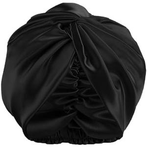 QFE Shower Cap For Women Silk Satin Hair Bonnet for Sleeping Caps For Reusable Waterproof Bonet Curly Sleep Large Gorro De Para Dormir Anti Frizz Bonets Cover Cute Night Protecto Black