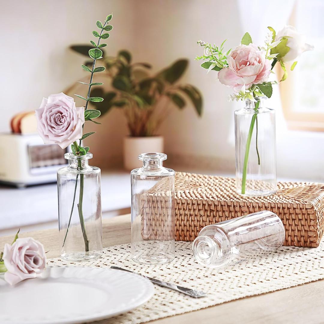 Honeydak Set of 24 Plastic Mini Bud Vases, Vintage Clear Decorative Vases Bulk for Table Centerpieces, Wedding Reception, Baby Shower, Home Decor, Housewarming Gift(Smooth)