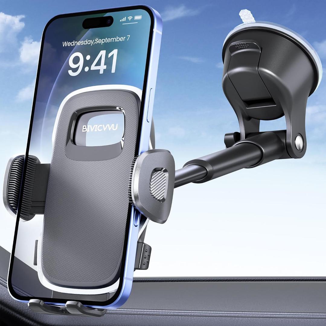 Car Phone Holder, Military Suction Cup 360 Mount with Secure Grip | Windshield dashboard mount, heat-resistant suction cup military-grade, adjustable arm, universal smartphone compatibility
