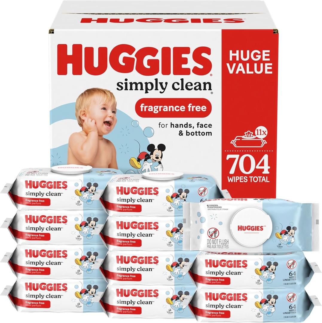 Huggies Simply Clean Unscented Baby Diaper Wipes, 11 Flip-Top Packs (704 Wipes Total)