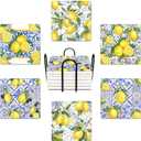 Coasters for Drinks Set of 6, Yellow Lemon Fruit Blue Ceramic Tiles Pattern Absorbent Square Ceramic Stone Mat, with Cork Base and Metal Holder, Gift for Housewarming Room Bar Decor
