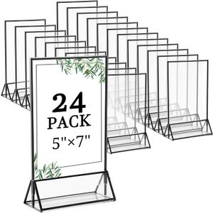 Floroom 24 Pack 5x7 Inch Clear Acrylic Sign Holders, Double-Sided Black Display Stand Picture Frames for Table Numbers, Menus, Flyers, Weddings, and Offices
