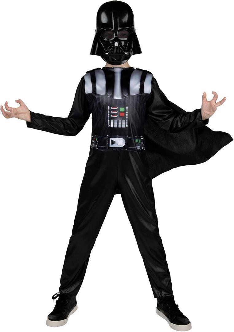 STAR WARS Darth Vader Official Youth Costume - Printed Jumpsuit with Cape and Plastic Mask, Small (Black, S)