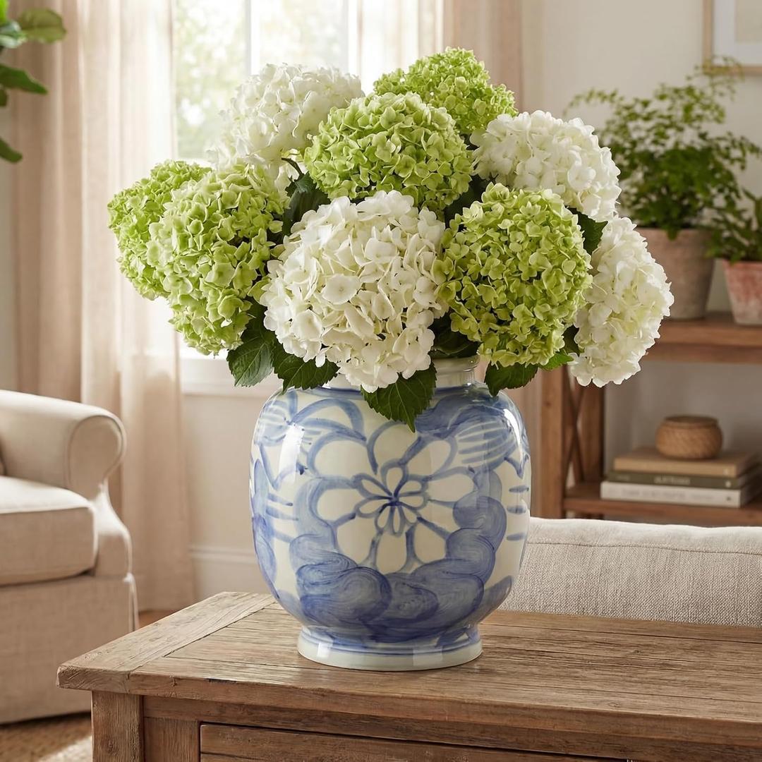 Blue and White Flower Vase 10 Inch Hand Painted Porcelain Table Vase with Chinoiserie Floral Pattern for Living Room Bookshelf Fireplace Table Decoration