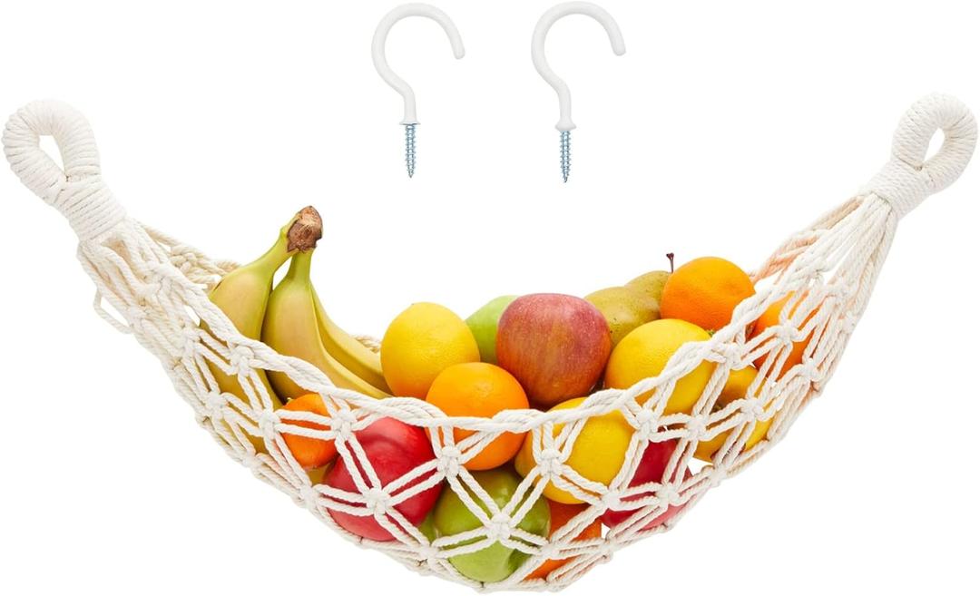 Macrame Fruit Hammock for Kitchen - Hanging Fruit Hammock Under Cabinet with 2 Hooks for Bananas and Produce Storage (6 x 25 x 15 Inch)
