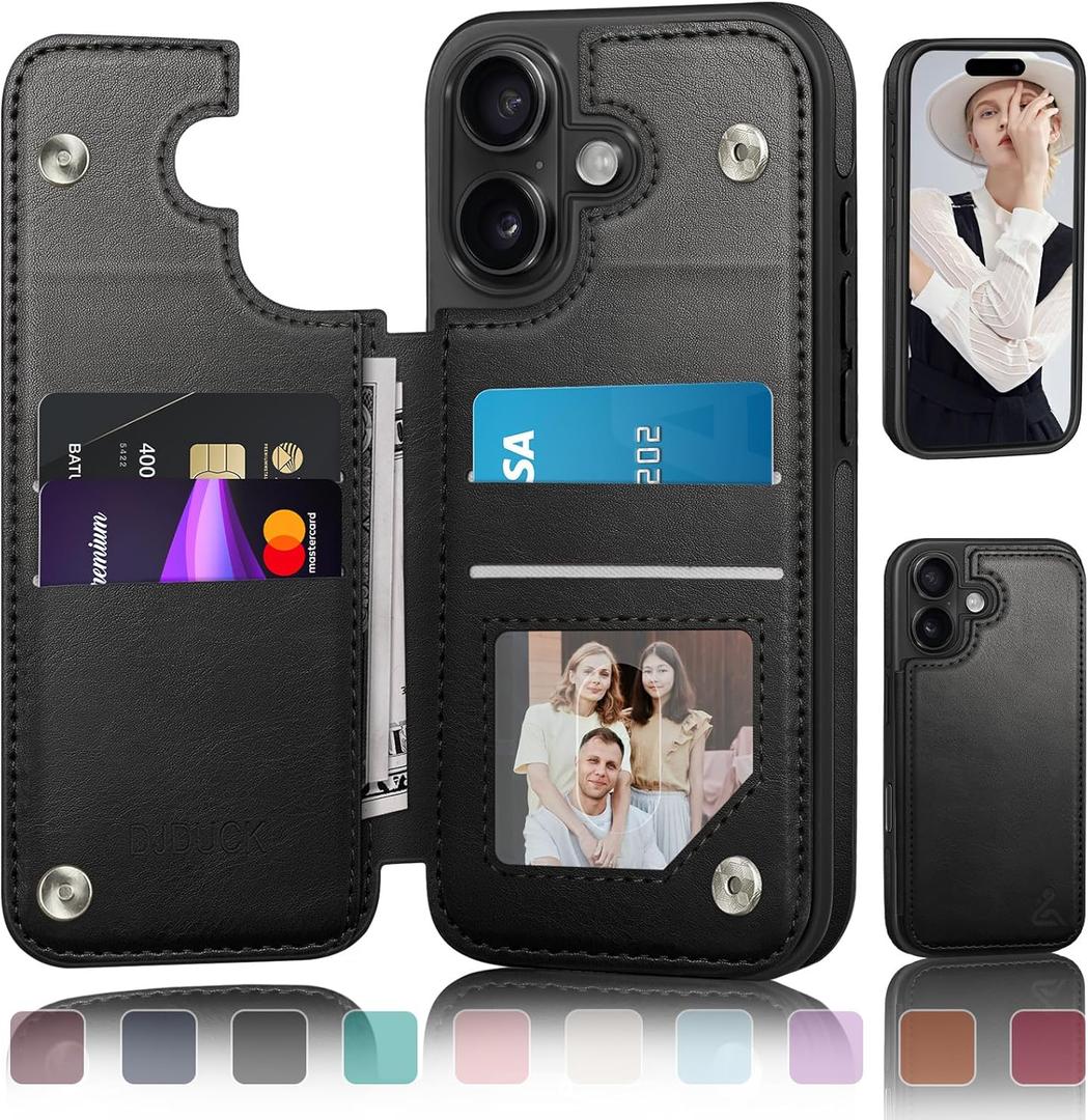 DJDUCK Designed for iPhone 16 Case Wallet with Card Holder, [Magnetic Clasp Cover] [RFID Blocking Leather Protection] Shockproof Women Men Cases 6.1 Inch for Apple 16 Black