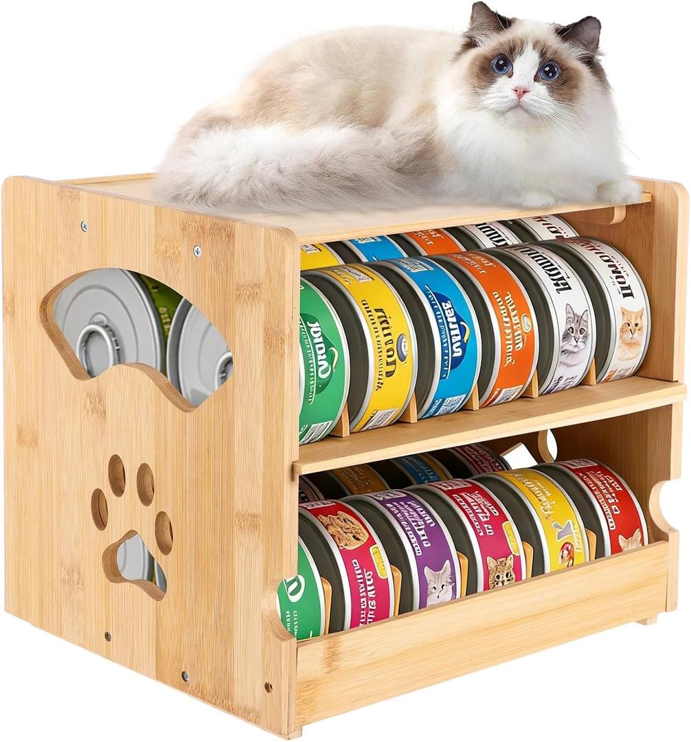 Wooden Cat Food Can Organizer, FIFO Can Storage Rack with Auto Rotation, Holds 36 Cans (3 oz), Two Tier Pet Food Holder, Space-saving Countertop Organizer for Pantry, Kitchen