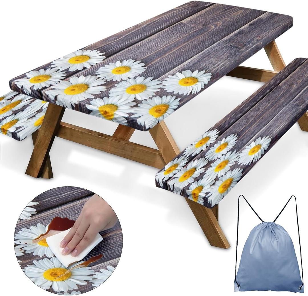 Picnic Table Cover with Bench Covers Elastic Edges, Chamomile Flower Fitted Table Cover, Outdoor Patio Camping Essentials 96 Inch 3PCS, Waterproof Camping Fitted Tablecloth with Drawstring Bag