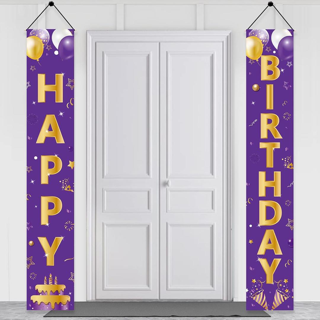 Purple Gold Happy Birthday Door Banner Decorations, Happy Birthday Porch Sign Party Supplies for Girls Women, 16th 21st 30th 40th 50th 60th Birthday for Indoor Outdoor
